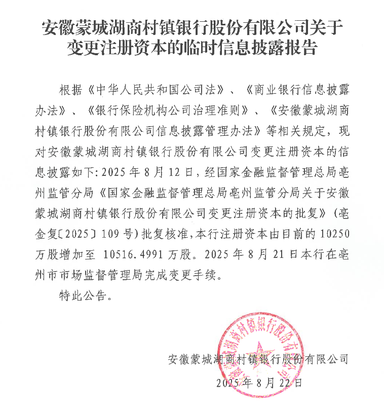 安徽蒙城湖商村镇银行股份有限公司关于变更注册资本的临时信息披露报告（ 2025年8月22日）